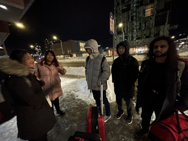 Waiting for the bus in Kitchener with the gang